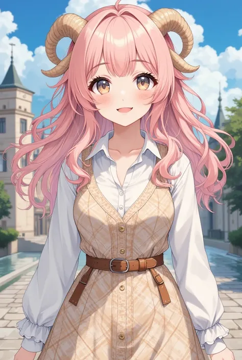 (masterpiece,top quality:1.2),beautiful anime illustration,face shot,Alone,a elegant girl\(big eyes,sparkling eyes,details of eyes,thick eyebrows,long fluffy hair,soft pink hair,elegant hair,small sheep circle horns attached on her head,light brown sheep h...