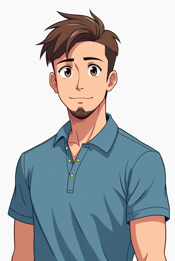 a young white man wearing a short and modern brown goatee wearing an unbuttoned blue polo shirt, anime style or realistic cartoon