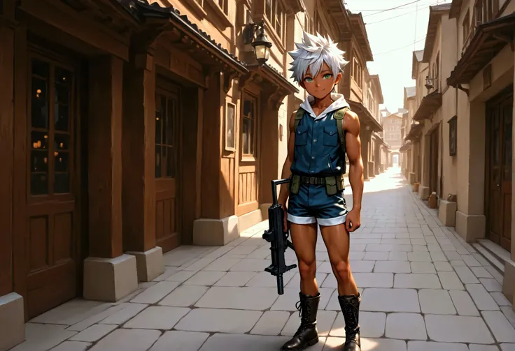 1boy, shota, muscular, dark copper tan skin, solo, silver hair, short spiked hair, (white sleeveless jacket with pocket:1.5), body belt, short pants, green eyes, slung a submachine gun in front of body with strap, Western-style American town, standing on t...