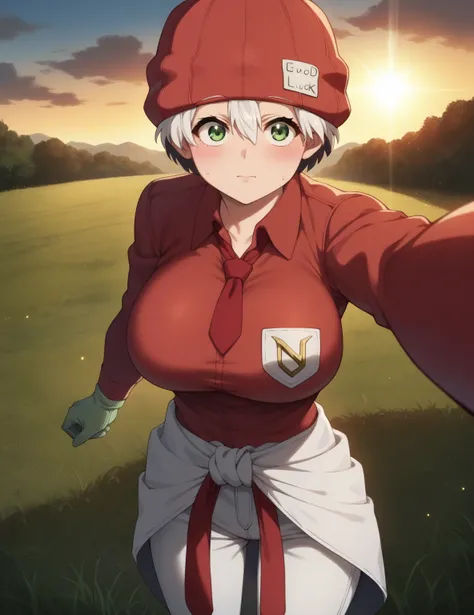 score_9, score_8_up, score_7_up, score_6_up, source_anime, anime,  fuukoxl, white hair,short hair, green eyes, very large breasts, very big breasts, light green gloves, red necktie, red headwear, red beanie, collared shirt, long sleeves, white pants, red s...