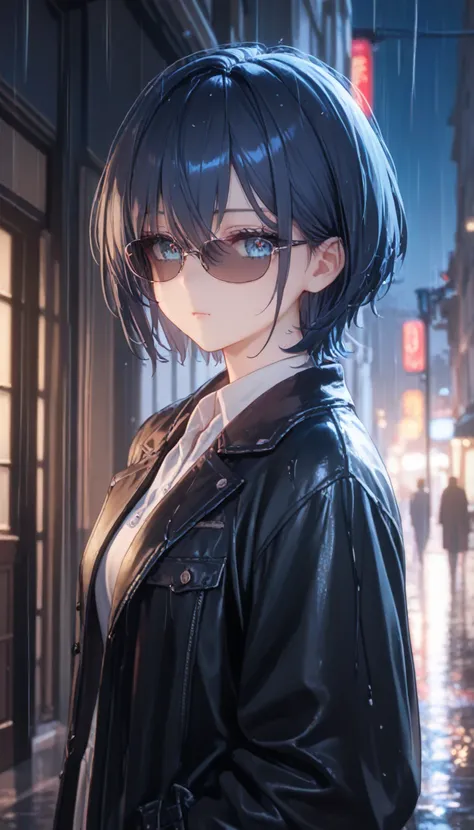  Masterpiece,  TOP QUALITY,  illustration , { girl with beautiful details}, Beautiful light details, The beauty of women&#39;s clothing, ( black jacket and trench coat),  sunglasses, Laughter, The fangs were removed, ,  Indigo Eyes , rainy street corner, r...