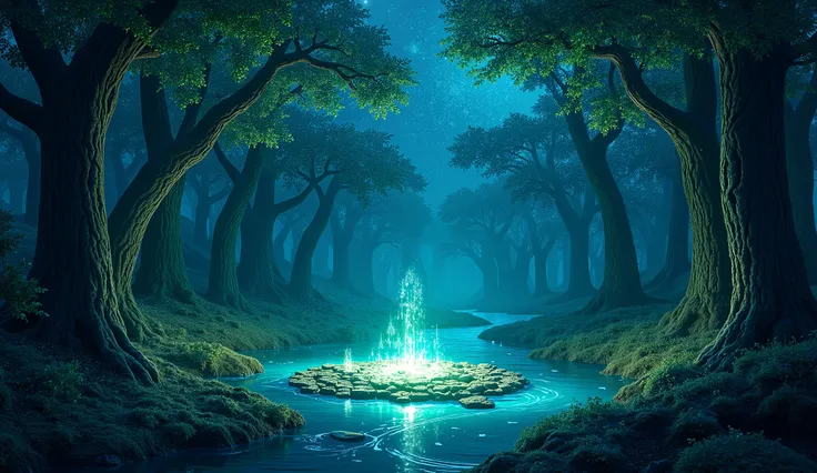 Towering trees with bioluminescent leaves form a mystical forest, where streams of crystal-clear water reflect the starry sky. In the center, a circle of ancient stones emits a pulsating glow, radiating serenity and balance.