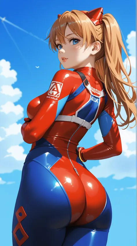 (((masterpiece))), ((best quality)), ((ultra-detailed)), (illustration), (detailed lig ht), (an extremely delicate and beautiful), source_cartoon, source_anime, junoandmaxx, 1girl, souryuu_asuka_langley, blue_eyes, plugsuit, ass, bodysuit, solo, breasts, r...