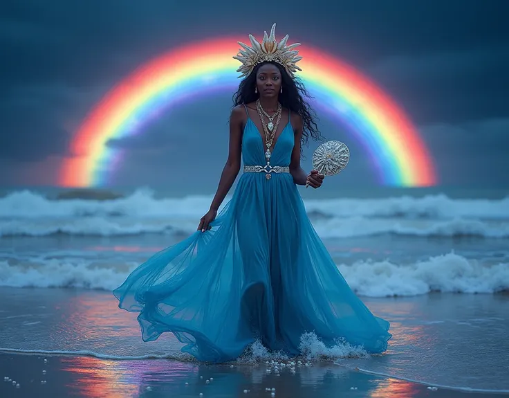 a 50 year old black queen with a crown of shells and starfish, she is African and is a goddess, she is in the sea where the waves mix with her sea blue dress, she holds a silver mirror to her mother and has pearls spread wherever she goes, she brings seren...