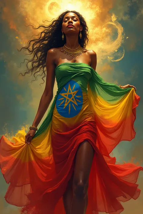 Ethiopian Goddess。1 person。Beautiful Goddess。I'm wearing an Ethiopian flag dress。