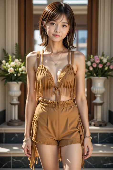 A fashionable Japanese woman with short, curly brown hair styled in a tousled, effortless manner, wearing a bohemian-inspired ensemble crafted from soft tan suede. The outfit includes a sleeveless vest adorned with long, cascading fringe, paired with match...