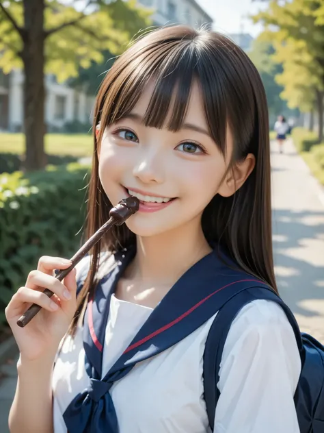 Licking a chocolate stick, nsfw, petites, loli, smile, japanese, Outdoors, school uniform, cream on face, 