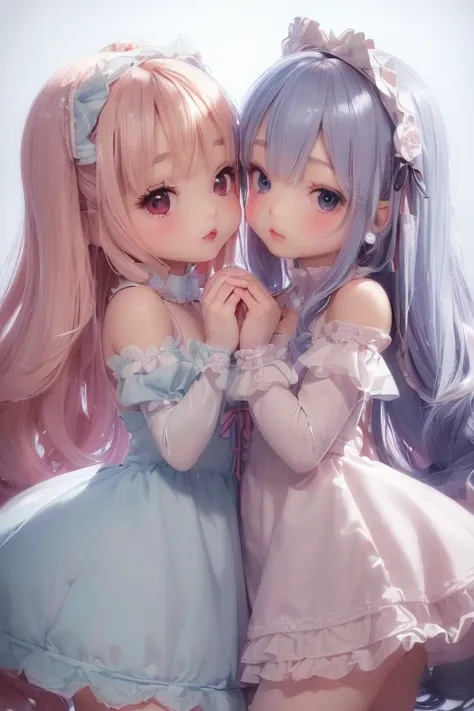 (petit little, ultra kawaii loli bishojo:1.3), (doll-like lolita, porcelain skin, (puffy, glassy eyes), detailed dress, delicate facial features:1.3), (petit, ultra kawaii loli, (2girls kiss:1.3), closed eyes), (ultra cute loli face:1.3), ((masterpiece)), ...