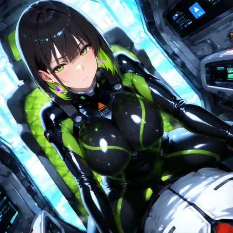 masterpiece, (((( best quality )))),1 girl, Japanese Anime ,character profilele,shiny skin, wearing a black pilot suit, dark hair, short bob hair,The inner color of the hair is green, green eyes,isosceles triangle earrings, black tights,large breasts, stra...