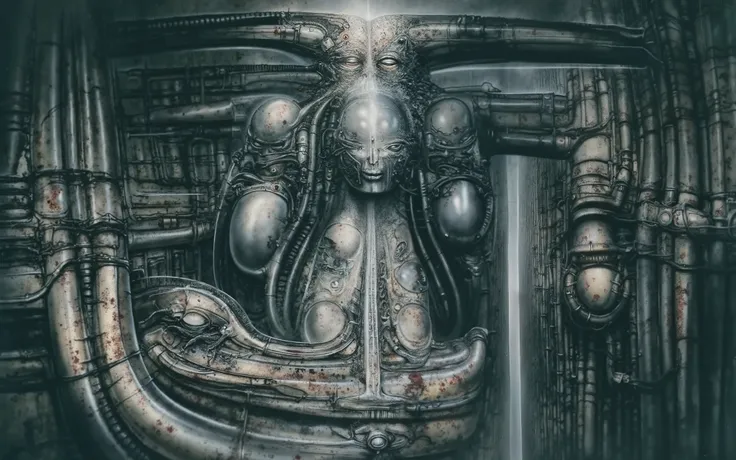 DARK BLACK COLORS, Giger_style, H. R. Giger's g1g3r, , Giger_style, The image is a detailed view of H.R. Giger's \" HRG Aleph \" plate, featuring ( The image depicts a surreal, intricate artwork featuring two humanoid figures with mechanical or industrial ...
