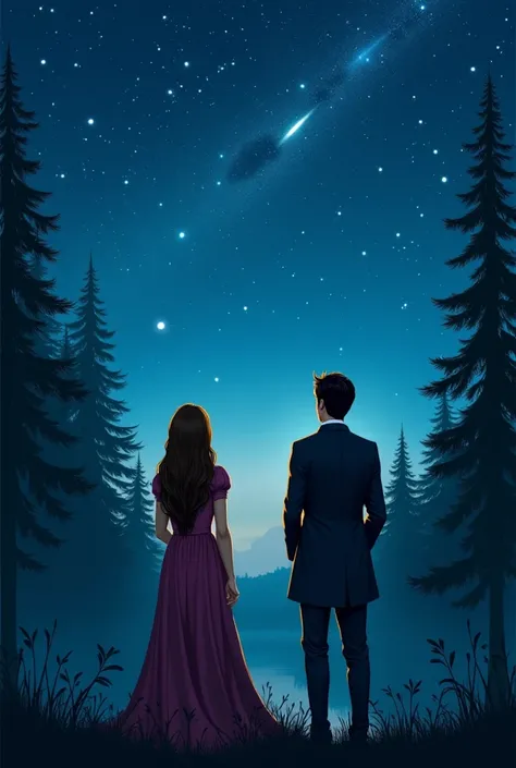 An image of a princess and a well-dressed servant of the king, She with brown hair, Long and he has black hair, with your back looking up at the sky in the middle of the forest, under the moonlight, Watching a shower of shooting stars 