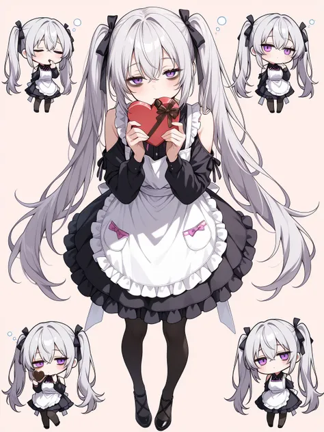 ((masterpiece, best quality, extremely detailed)), 1girl, (chibi only), silver hair, long hair, twintails, purple eyes, sleepy, bags under eyes, hair ribbon, frilled dress, shoulder cutout, white apron, frills, black pantyhose, valentine, chocolate, right ...