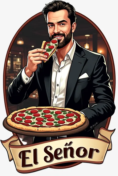 Create a logo of a wealthy man who is eating a black and white pizza and who says Pizzeria El Señor below