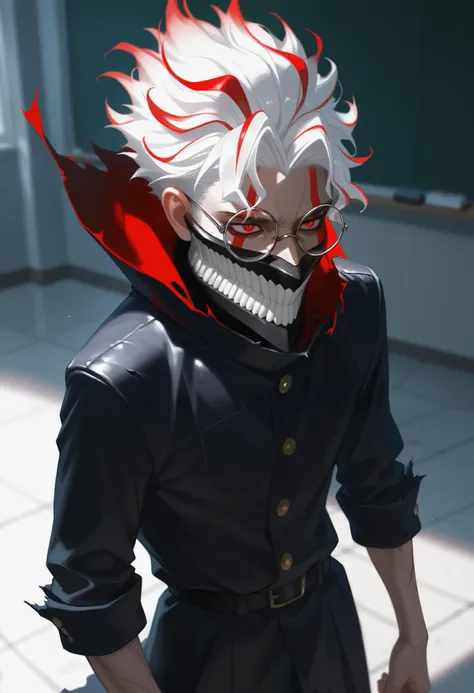 masterpiece, best quality, realistic, okarun, 1boy, solo, male focus, red eyes, glasses, white hair, mask, teeth, long sleeves, multicolored hair, red hair, round eyewear, || rolled up sleeves, school uniform, torn clothes, black jacket, long jacket, stand...