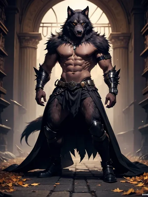  Werewolf, black wolf, warrior.  His body is strong and covered with black fur,  He wears metal armor that covers his chest , the shoulders,  the arms and legs ,  is not very heavy but leaves the abdomen exposed , Metallic cover ,  Full body view,