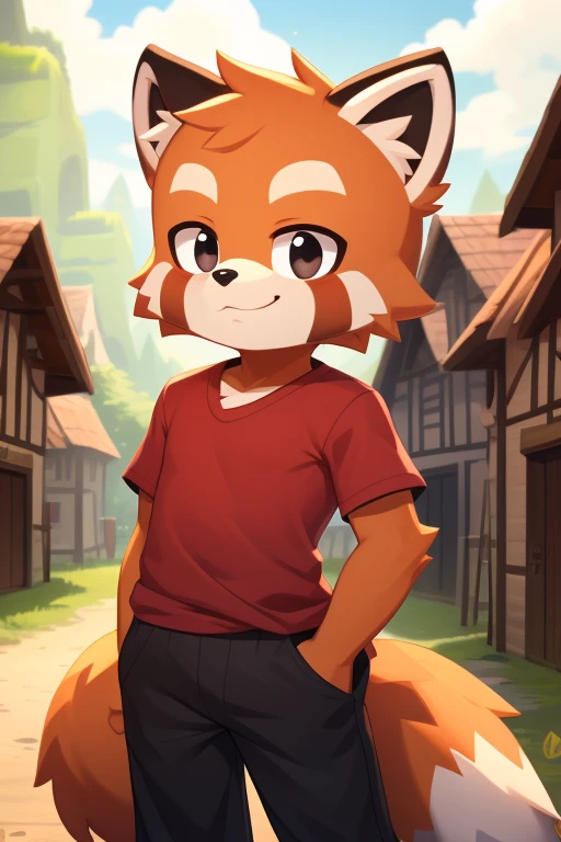  Anthropomorphic cartoon fluffy red panda guy, red fur, black eyes a ,  dressed in a red shirt ,  black pants .   background is a village 