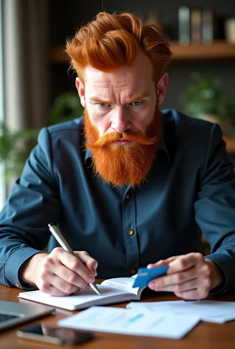 A man with a red beard touching his Apple notebook and with an account book writing down the bills he owes and with a credit card on the REALISTIC side 