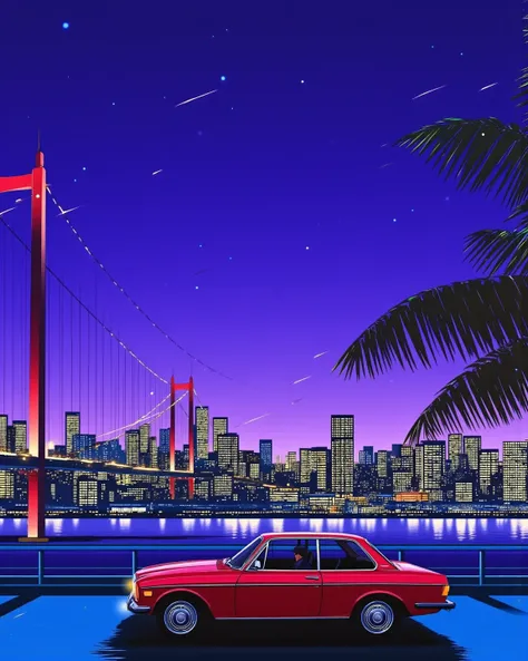 80's city pop art, night view, cityscape, (wind lines), palm tree, particles, redcar, skyscraper, suspension bridge,   . (masterpiece, best quality:1.2)