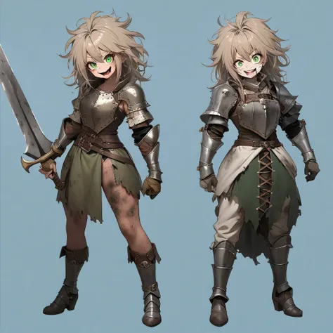  a girl,  orange and messy hair,  green eyes, crazy smile,  dirty skin give dirt ,  medieval Steampunk style armor in matte green and light brown and silver.  Full body photograph ,  Anatomically Correct , estatura de  a girl, Pose threatens with a sword ....