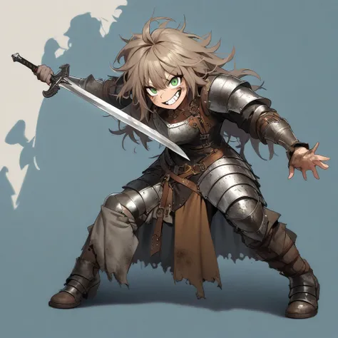  a girl,  orange and messy hair,  green eyes, crazy smile,  dirty skin give dirt ,  medieval Steampunk style armor in matte green and light brown and silver.  Full body photograph ,  Anatomically Correct , estatura de  a girl, Pose threatens with a sword ....