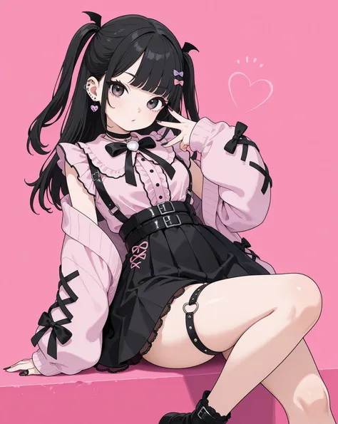 1girl,black hair,pink jirai kei fashion,posing,