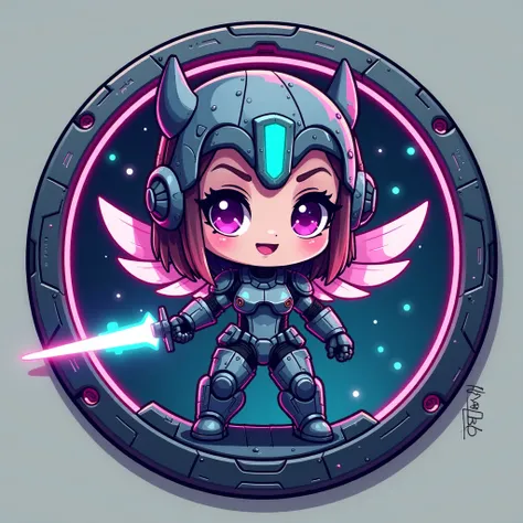 Create a cartoonish, chibi, clay-style Valkyrie logo in a cyberpunk theme. The central element is a stylized Valkyrie with soft, rounded shapes, as if sculpted from clay. She has a tech visor instead of a helmet, a plasma blade in her hand, and mechanical ...