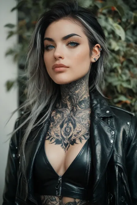 Image of a woman in her 30s, long grey and black highlights hair,   bright blue eyes  , white,   Black tattoo that goes up from shoulder to neck, daring clothes,   leather jacket,  lots of ear piercings  