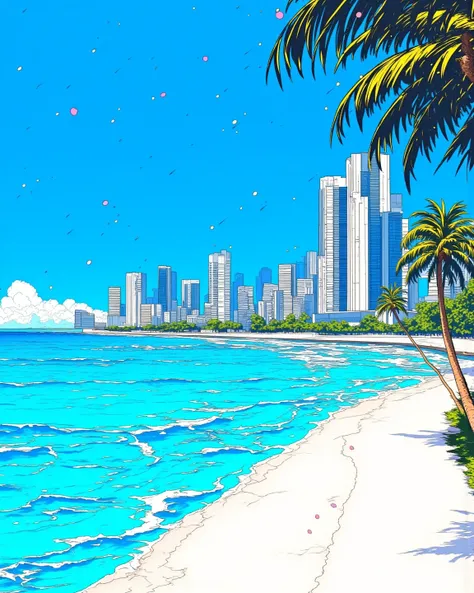 80's city pop art, crystal clear sea, tropical, beach, seascape, particles, wind lines, palm tree, blue sky, resort,   . (masterpiece, best quality:1.2)