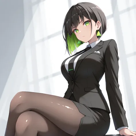 masterpiece, (((( best quality )))),1 girl, Japanese Anime ,,shiny skin, wearing a black suit,skirt suit, black tie , dark hair, short bob hair,The inner color of the hair is green, green eyes,isosceles triangle earrings, black tights,large breasts