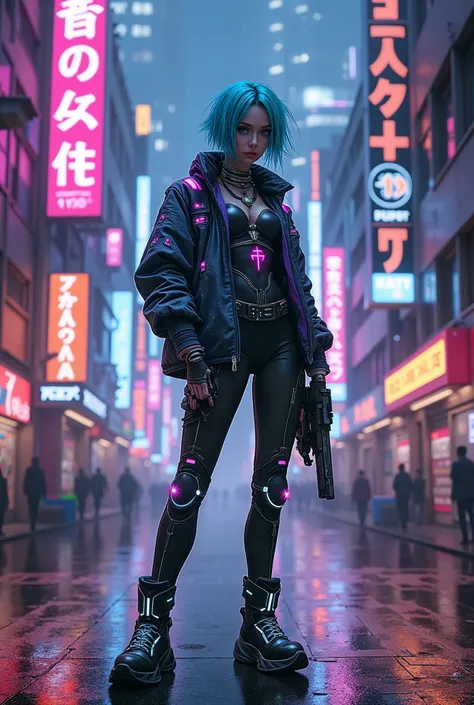 A futuristic cyberpunk character, standing in a neon-lit alleyway in a sprawling megacity. The character has a sleek, augmented humanoid appearance with glowing cybernetic implants on their face, arms, and legs. Their hair is short and electric blue, with ...