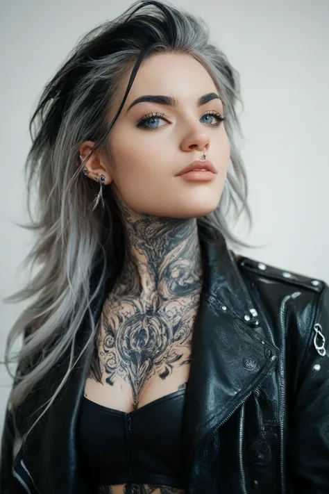 Image of a woman in her 30s, long grey and black highlights hair,   bright blue eyes  , white,   Black tattoo that goes up from the shoulder to the neck, daring clothes,   leather jacket,  lots of ear piercings  