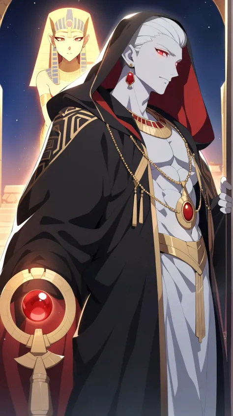 
Pharoah, Handsome, white skin, short slicked back white hair. Glowing red demon Eyes, Egyptian Black velvet banners and robes, Gold Embroidered Black velvet Egyptian pants. Wears a gold chained glowing Ruby circular Egyptian amulet. Has gold rings. Long r...