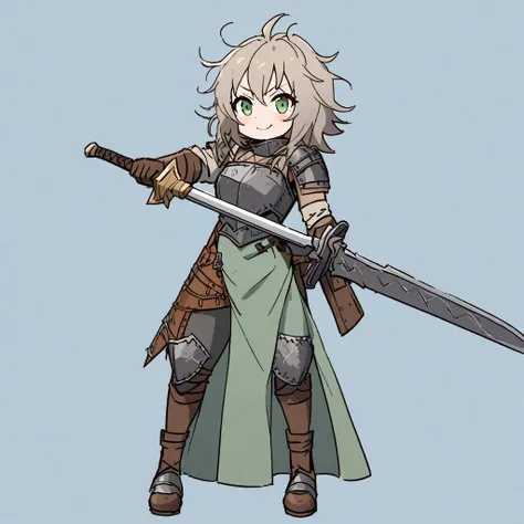  a girl,  orange and messy hair,  green eyes,  mischievous smile , medieval Magicpunk style armor in matte green and light brown and silver colors.  Full body photograph ,  Anatomically Correct , estatura de  a girl, Pose threatens with a sword .  Simple g...