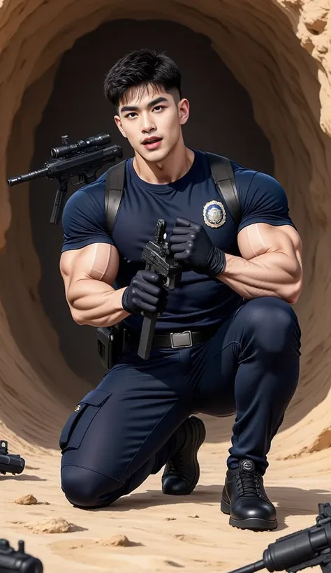 An anime-style illustration ,1 handsome man short hair ,crew cut hair, ,Wear a fitted round neck t-shirt, solid blue t-shirt,with a police badge,Navy Cargo pants with another knee pad , , carrying a black SCAR L gun on one back. , On the side of the black ...