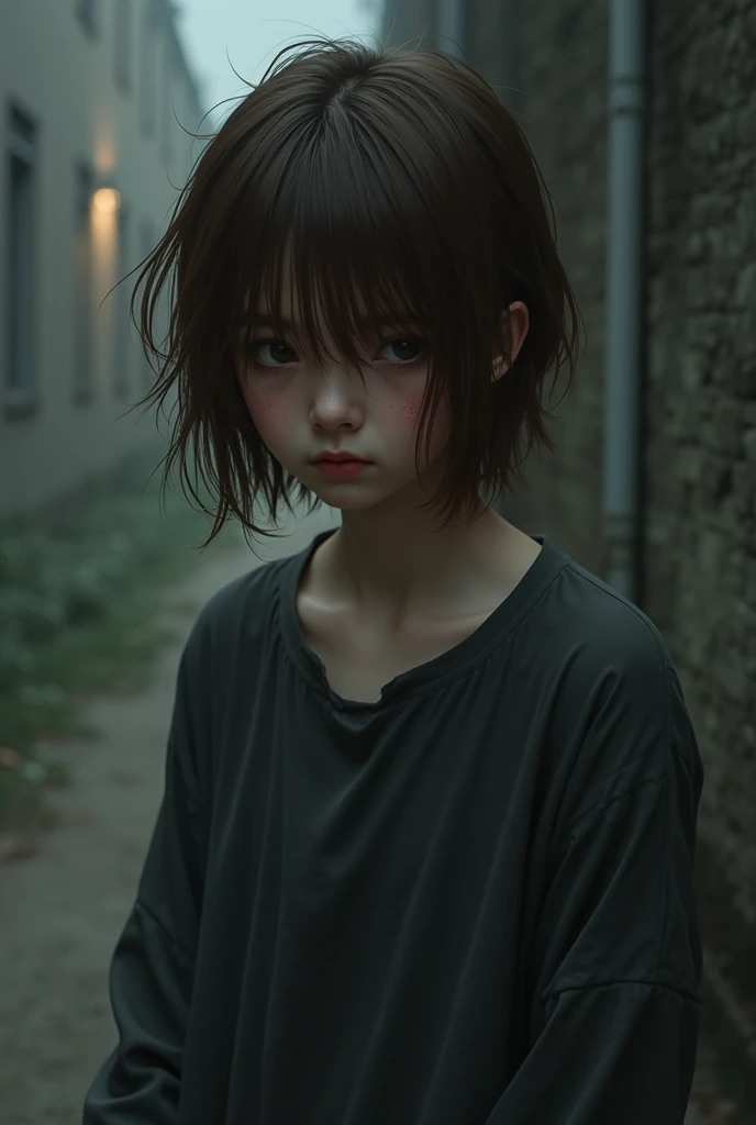 A teenage character with messy hair and dark brown color gray blouse 