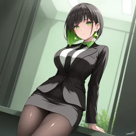 masterpiece, (((( best quality )))),1 girl, Japanese Anime ,,shiny skin, wearing a black suit,skirt suit, black tie , dark hair, short bob hair,The inner color of the hair is green, green eyes,isosceles triangle earrings, black tights,large breasts