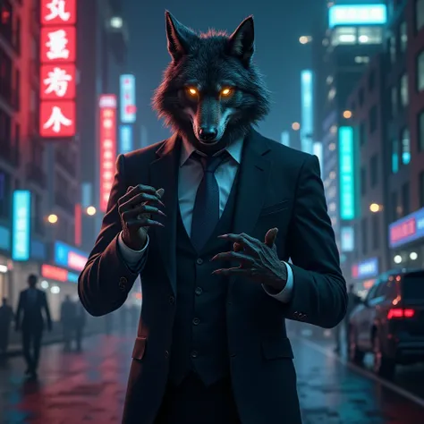 Werewolf wearing suit trading bitcoin at night lights glows like trading chart pattern background night lights