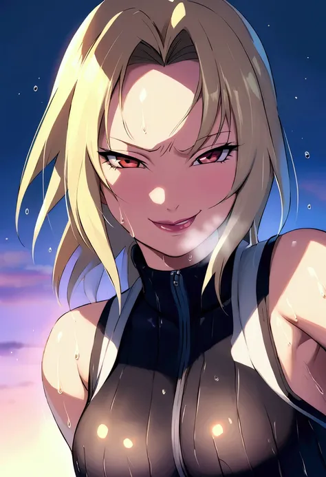 Tsunade from the anime Naruto wearing a Japanese swimming uniform made of black rubber that is glued to the body and sweating and breathing heavily because of the heat and with a naughty face