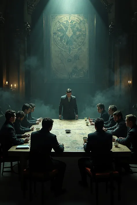 The Meeting in the Chaos Makers' Lair:**
   - **Visual:** A large, dark room with a massive table and a group of individuals sitting around it. Grayson stands at the head of the table, exuding authority, while James and others listen intently. The walls ar...