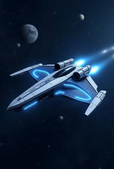 A sleek, futuristic spaceship named Clare soaring through space. The design is streamlined with a mix of metallic blue and silver, featuring glowing energy lines running along the hull. The front has a sharp, aerodynamic shape, while the rear engines emit ...