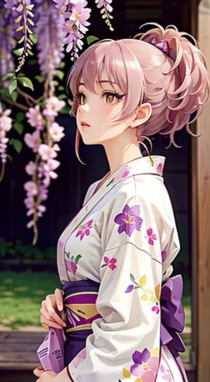  absurd,  high resolution,  very detailed,( Masterpiece:1.2),( top quality:1.2),  watercolor style,( one girl:1.3),(Lots of wisteria flowers),(white and purple yukata ),( ponytail),( looks up), Soft blending, dreamy wash, 質感  ponytail, yellow eyes, Picnic