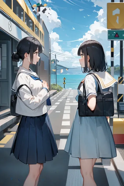  two girls、 Japanese、Before the railroad crossing、 the background is a beautiful ocean、 white sailor suit、 navy blue skirt、 black hair short、 long gray hair、The circuit breaker is off、Big Clouds、Clear skies、Flashing railroad crossing、Facing each other、 bag...