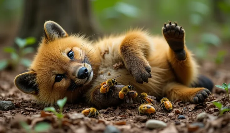 Bao is rolling on the forest floor, desperately trying to shake off the bees. His fur is covered in honey and dirt, and some bees are still clinging to him. The forest ground is layered with dry leaves, small plants, and scattered rocks.
