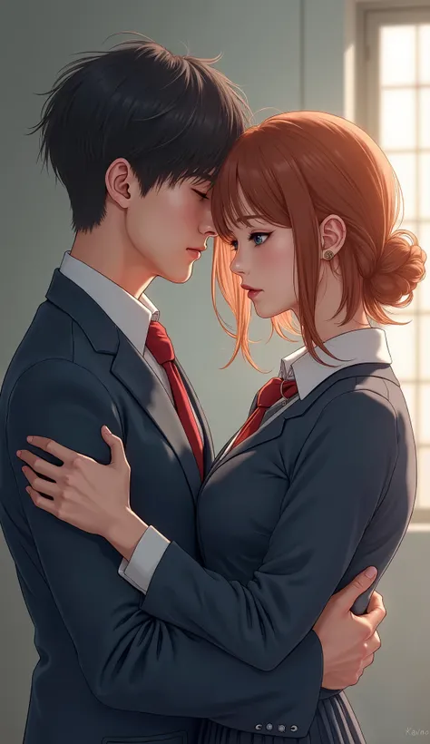 Jungwon from ENHYPEN embraces an autumn-haired woman, Blue eyes almost gray, Fair skin and both of them wearing school uniforms.  realistic image 