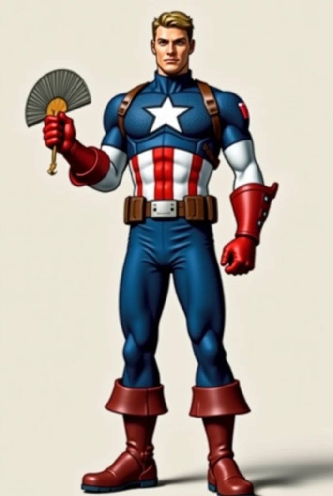 "Captain America standing confidently, holding a small pocket hand fan in one hand. He wears his iconic blue, red, and white suit with the star emblem on his chest. His expression is a mix of determination and slight amusement as he uses the fan. The backg...