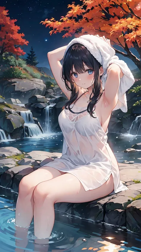   woman relaxing in a hot spring  ,２０generation,Looking up at the moon、autumn leaves、Satisfied expression,Put a towel over your hair, beautiful inspirational light ,Graceful water flow, quiet atmosphere,Quiet and calm background