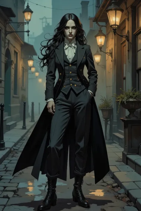 "A striking woman with pale, porcelain skin and long, jet-black hair, dressed in an impeccably tailored Victorian-era men's suit. She wears a dark, double-breasted frock coat with a dramatic tailcoat (queue de morue), paired with a crisp white high-collare...