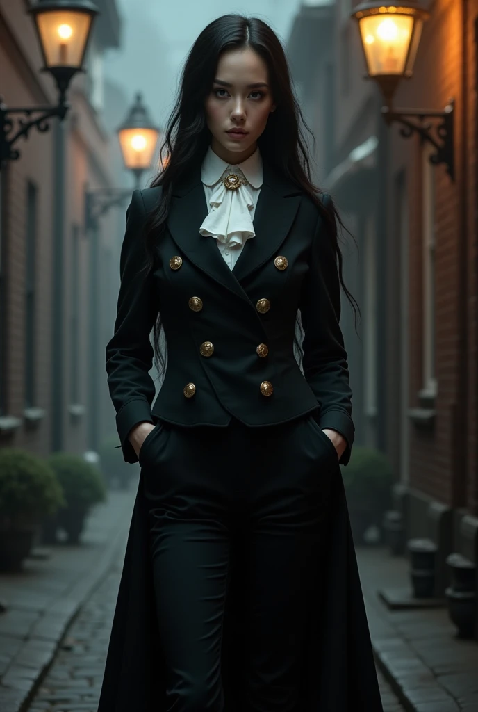 "A striking woman with pale, porcelain skin and long, jet-black hair, dressed in an impeccably tailored Victorian-era men's suit. She wears a dark, double-breasted frock coat with a dramatic tailcoat (queue de morue), paired with a crisp white high-collare...