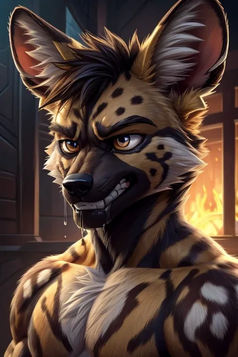  furry fandom illustrations nervous smile african wild dog,  mixed with a wolf ,  dark cream-colored fur ,   timid smile ,  with one swivel ear , solo portrait 1, muscles 1,(frowning:1.2), (pain:1.3), (  clenched teeth with drooling :1.3), , (, Mad   :1.5)...