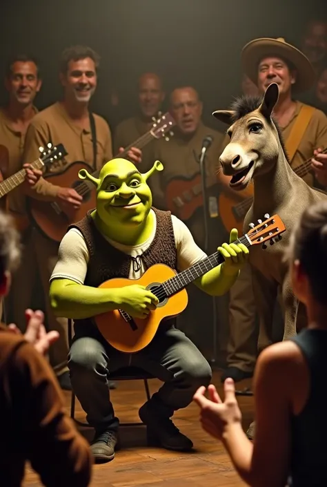 A green ogre Shrek sitting in a circle of Brazilian pagode musicians, casually dressed and playing a cavaquinho. Next to him is Donkey, who is the lead vocalist of the band. Surrounding them are other band members, all immersed in the lively atmosphere of ...